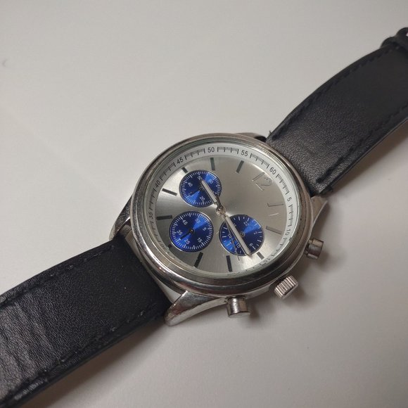 Silver Tone And Blue Watch With Leather Band - Picture 1 of 14